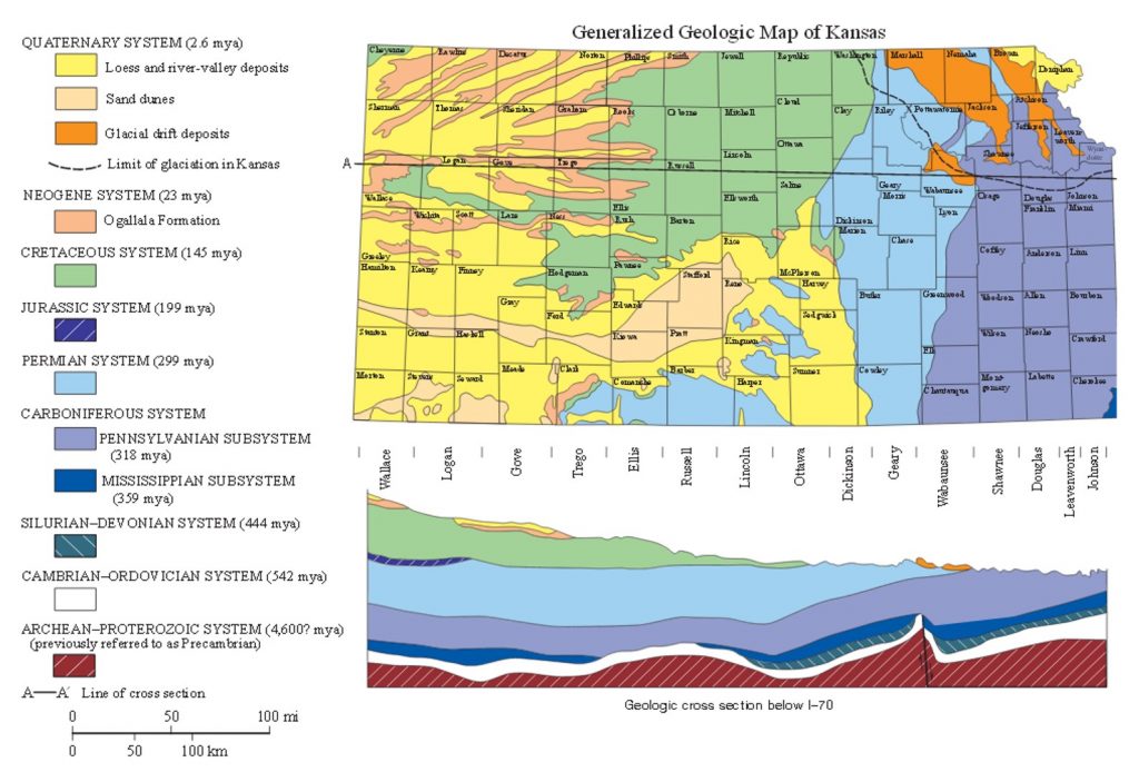 A geologic map of the state of Kansas showing the ages of different deposits and where they occur within the state.