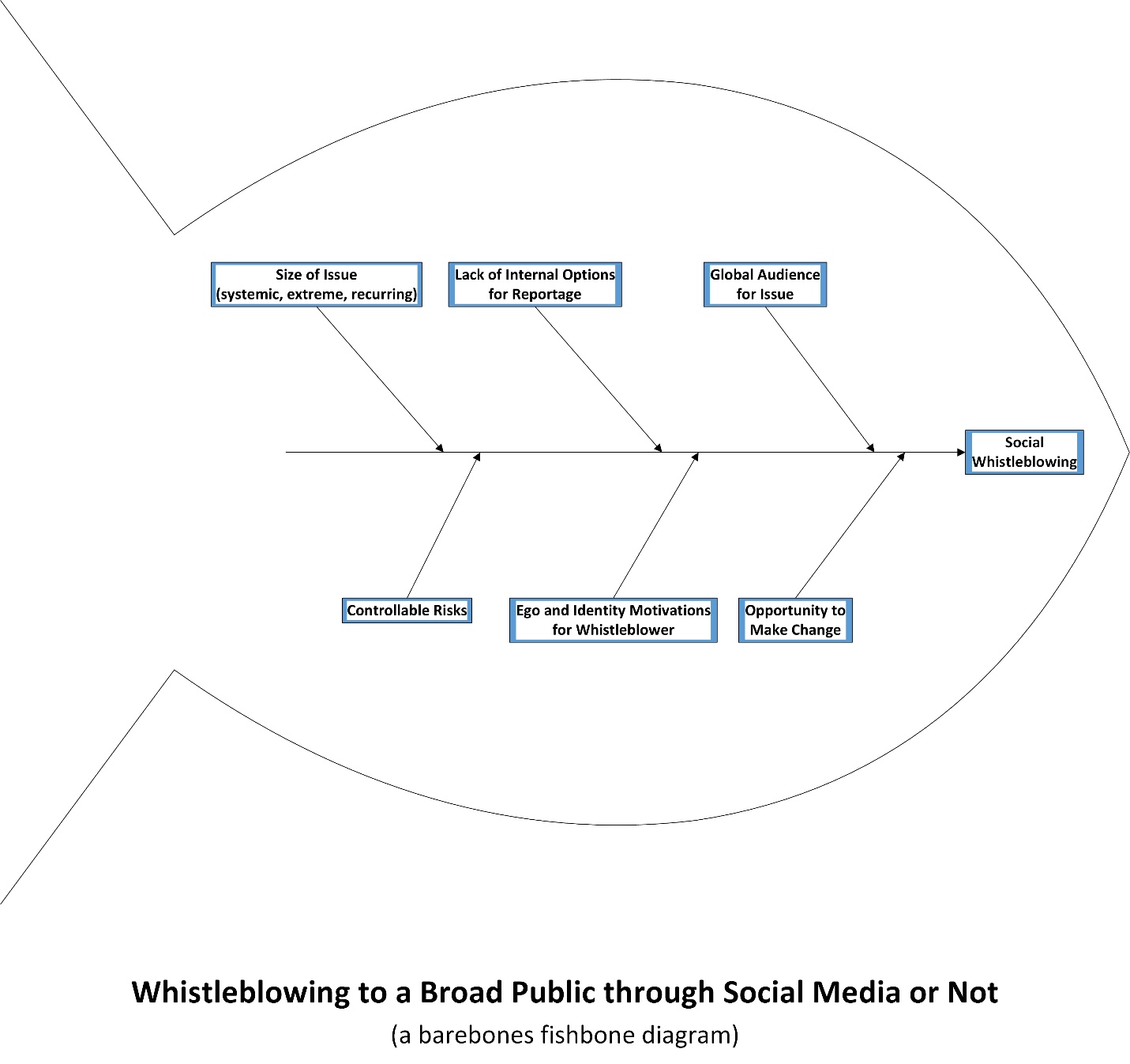 Whistleblowing to a Broad Public through Social Media or Not (a barebones fishbone diagram)