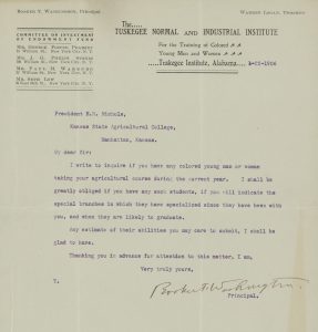 Letter, Booker T. Washington to Ernest R. Nichols, January 1, 1906. (Nichols Papers, University Archives, Kansas State University)