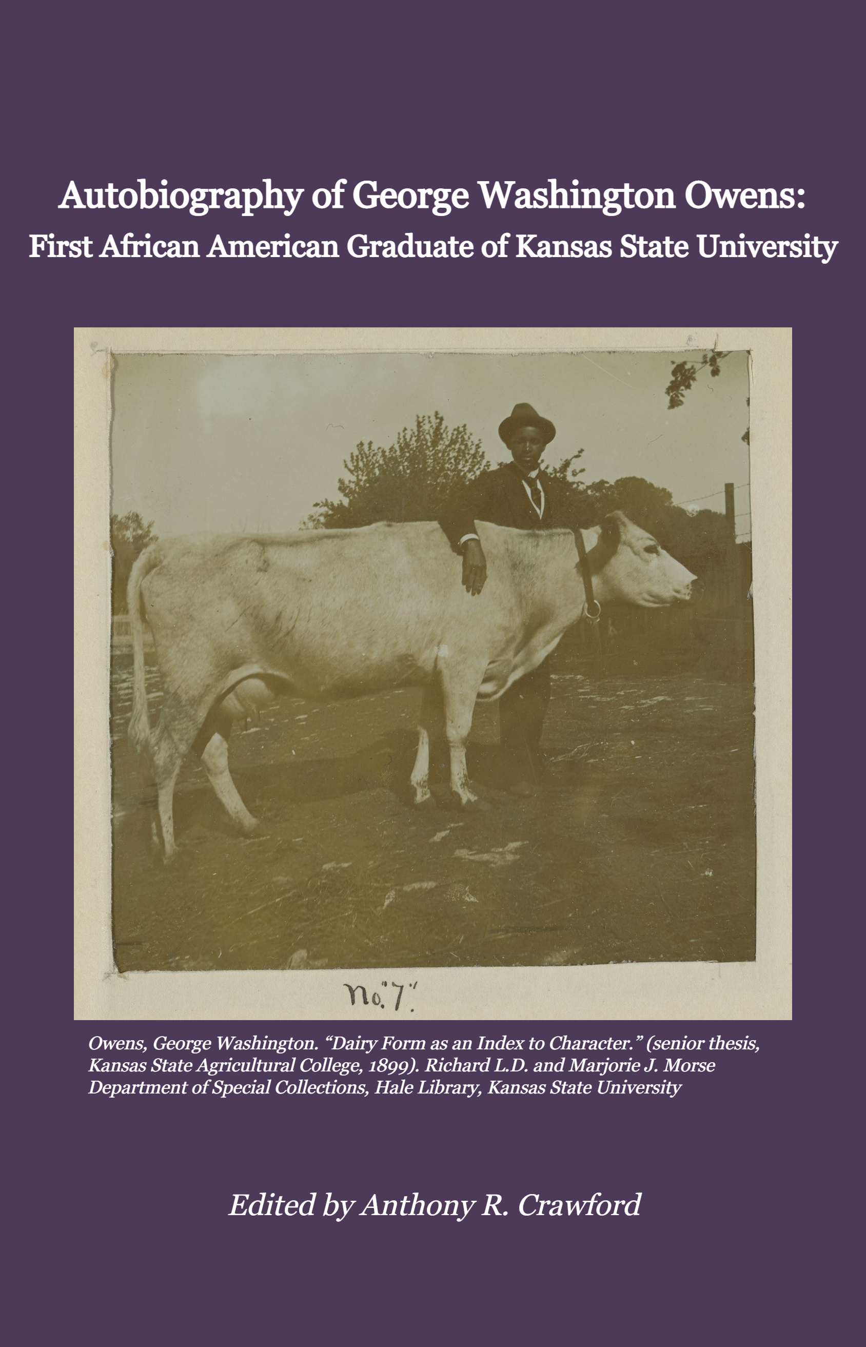 Purple background with an image of George Washington Owens with his arm around a cow.