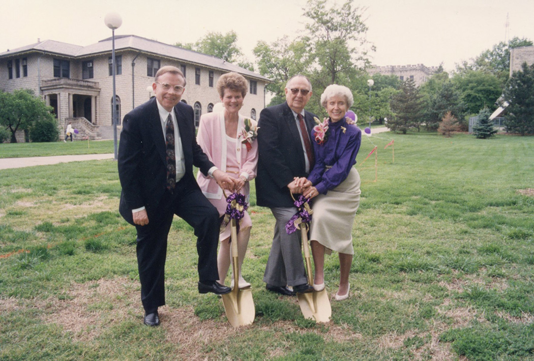 Museum Groundbreaking with left to right: Jon and Ruth Ann Wefald, Ross and Marianna Kistler Beach. Couples are holding commemorative shovels and digging.