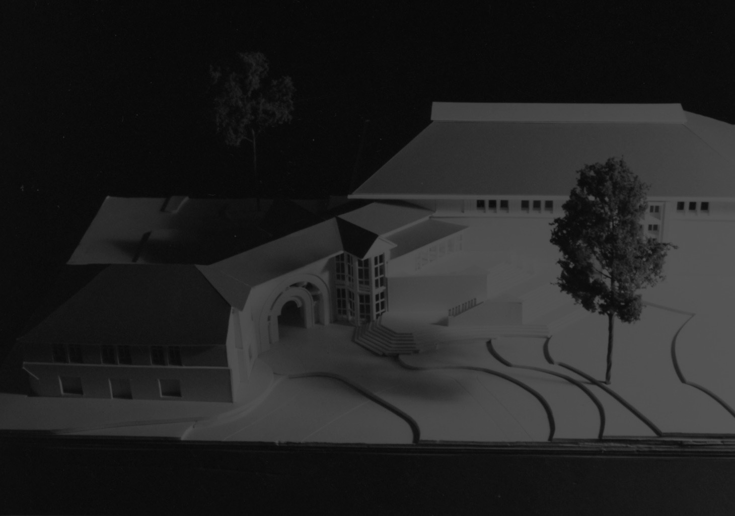 Building model of the Marianna Kistler Beach Museum of Art showing the campus view of the building.