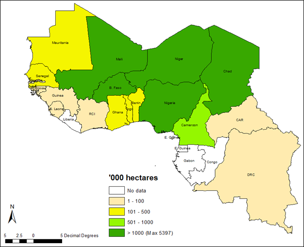 Geographic map of Sorghum Area in 2019 ('000 hectares) in West Africa. Map is color coded with green showing Mali, Burkina Faso, Niger, Nigeria, Chad with more than 1,000 hectares.