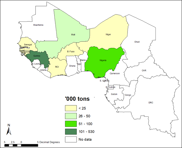 Geographic map of Production of Fonio in 2019 (mt) in West Africa. Map is color coded with dark green showing Guinea with 101-530 tons.