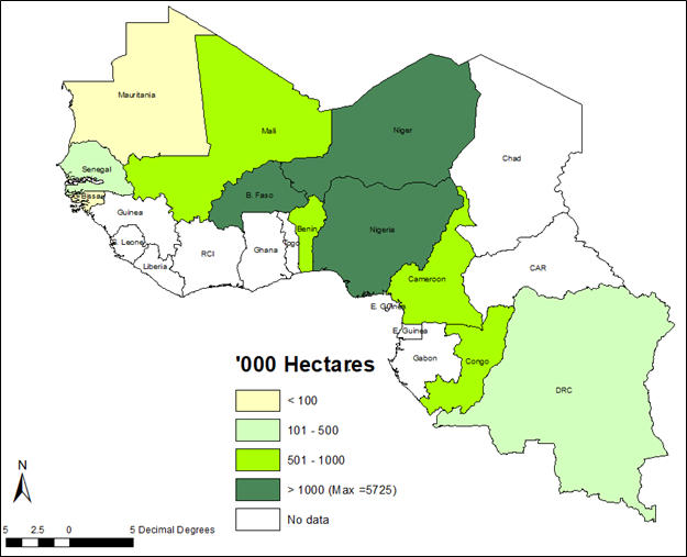 Geographic map of Area Planted to Cowpea in 2019 in West Africa. Map is color coded with dark green showing Burkina Faso, Niger, Nigeria with more than 1,000 hectares.