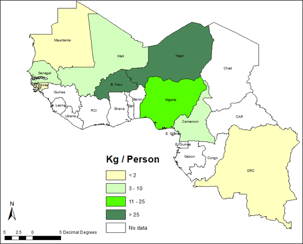 Geographic map of Cowpea Consumption in 2019 in West Africa. Map is color coded with dark green showing Burkina Faso & Niger with more than 25 Kg/Person.