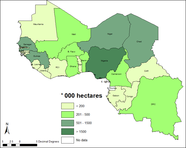 Geographic map of Area Planted to Groundnuts in 2019 (ha) in West Africa. Map is color coded with dark green showing Nigeria with more than 1,500 hectares.