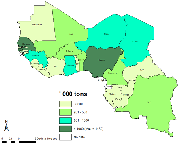 Geographic map of Total Production of Groundnuts by Nation in 2019 (mt) in West Africa. Map is color coded with dark green showing Senegal & Nigeria with more than 1,000 tons.