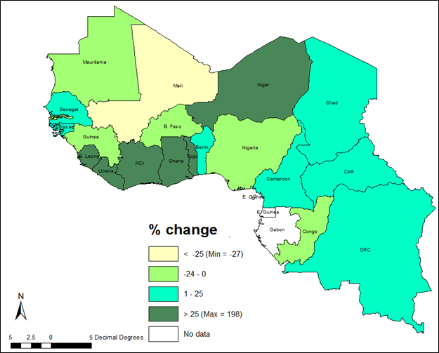 Geographic map of Change in Average Yield (mt ha) by Nation Between 1999 and 2019 (%) in West Africa. Map is color coded with dark green showing Sierra Leone, Liberia, RCI, Ghana, Togo, Niger with more than 25 % change.
