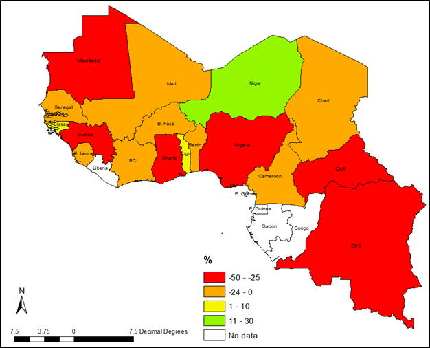 Geographic map of Relative Change in Sorghum Area Between 1999 and 2019 (%) in West Africa. Map is color coded, with green showing 11-30% in Niger.