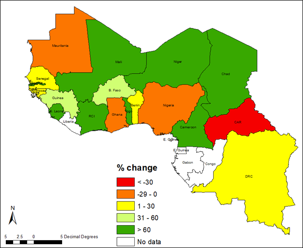 Geographic map of Change in the Share of Cereal Area Planted to Sorghum Between 1999–2019 (%) in West Africa. Map is color coded with green showing Sierra Leone, RCI, Mali, Niger, Cameroon, Togo, Chad with more than 60% change.