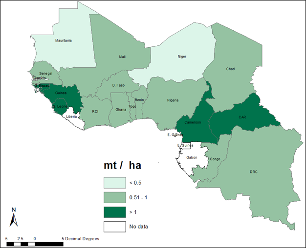 Geographic map of Pearl Millet Yield in 2019 (mt ha) in West Africa. Map is color coded with dark green showing G-Bissau, Guinea, Sierra Leone, Cameroon, CAR with more than 1 mt/ha.