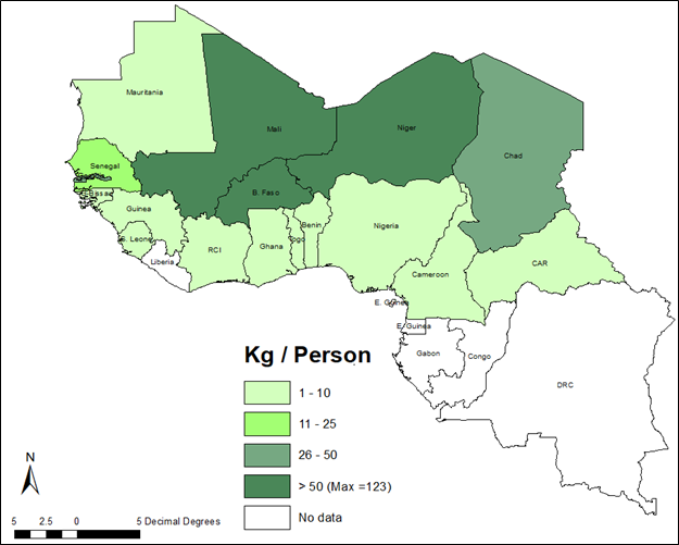 Geographic map of Per Capita Consumption of Pearl Millet in 2019 in West Africa. Map is color coded with dark green showing Mali, Burkina Faso, Niger with more than 50 Kg/Person.