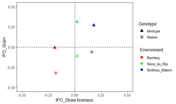 4 quadrant chart to show Comparisons of the Dual-Purpose Abilities of the Three Ideotypes and the Reference Genotype Nieleni in the Three Target Environments Based on the IPO Indices. Genotype Ideotype is a triangle. Genotype Nieleni is an asterisk. Environment Bambey is red, Nioro-du-Rip is green, Sinthiou_Malem is blue. Bambey Ideotype & Nieleni is in lower-left quadrant. Nioro-du-Rip Nieleni & Sinthiou_Malem Nieleni is in lower-right quadrant. Nioro-du-Rip Nieleni & Sinthiou_Malem Ideotyp is in upper-right quadrant.