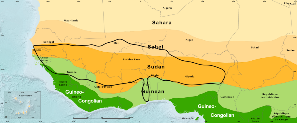 Figure 3b is map circling area from south Senegal to North Burkina Faso to South Togo to East Nigeria.