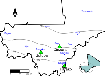 Map of Location of Phenotyping Sites in Mali and Isohyets Over the 1981–2010 Period. Green triangles highlighting Sotuba, Cinzana, Farako