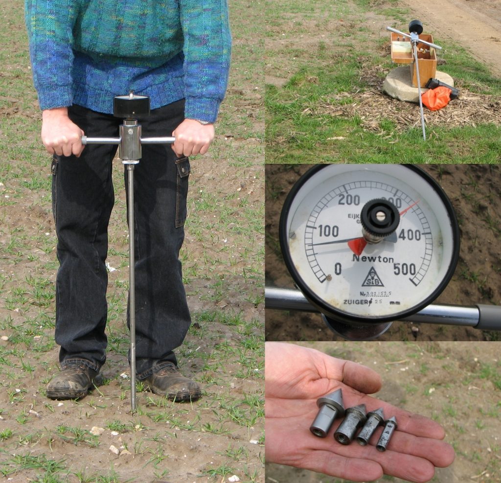 A four-panel image showing a person using a handheld penetrometer on the left, the penetrometer and related tools on the top-right, the analog dial from the penetrometer with units of Newtons in the center-right, and four cone tips for the penetrometer descending in size and in an open hand. Handheld penetrometers consist of a steel shaft with a cone at the tip. The shaft has a T-handel at the top for the user to grip and force the penetrometer in the soil. A force meter at the top of the device where the T-handle meets the shaft measures the force needed to exert to force the tips through the soil.