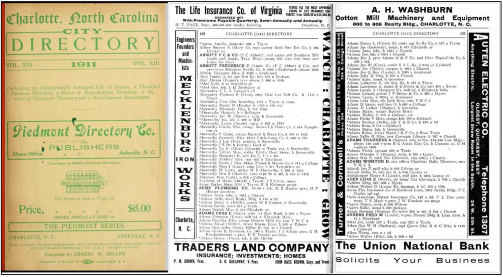 Cover and two black and white pages from the 1911 Historical City Directory for Charlotte, N.C.