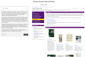 A screen capture image of one page in a Primary Source Sets LibGuide tutorial includes a page of the LibGuide itself, which features digitized sources related to women’s history, and explanatory text to direct users how to use the LibGuide.