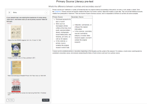 A screen capture image of one page in the Primary Source Literacy pre-test tutorial includes quiz questions, with images of book covers and digitized primary sources as answer options, and text providing definitions and examples of primary and secondary sources.