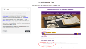 A screen capture image of one page in the SC&UA Website Tour tutorial includes an image of the website’s homepage with relevant tabs and links circled in red, and text explaining how to navigate the website and finding aids.