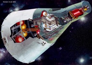 A cutaway diagram of the Gemini spacecraft. Beaker-shaped, it shows details from the tip of the spacecraft to the astronauts in the cockpit to the end with multiple rockets powering the craft.