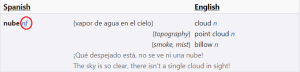 Dictionary entry for 'nube' with the letters NF for 'nombre femenino' (feminine noun)