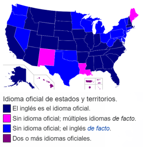 Map of the United States indicating official language(s) by state/territory