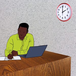 Person working; clock reads 2 o'clock