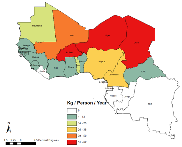 Geographic map of Annual Per Capita Consumption of Sorghum in 2019 (kg per capita year) in West Africa. Map is color coded with red showing Burkina Faso, Niger, Chad with 51-62 Kg/Person/Year.