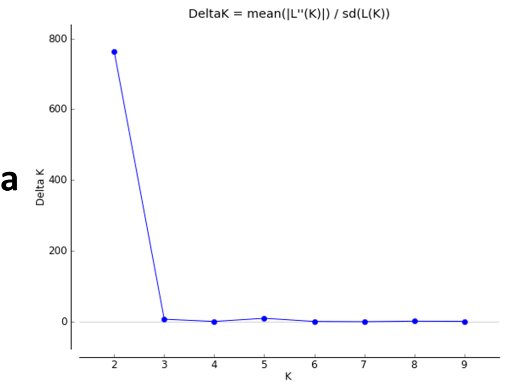 3 images represent Structure Analysis and Principal Coordinate Analysis (PCoA) of Cultivated Cowpea, Hybrids, and Wild Accessions. Image 4a is a line chart with numbers 2-9 on the X axis, showing steep decline between 2 & 3, and leveling out at 0 for 3-9.