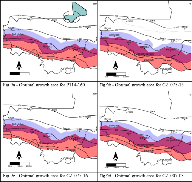 4 geographic maps Southwest Mali demonstrating Delineation of Optimal Growing Areas of Four MARS Varieties. Each map is color coded with orange representing South region at 1,000, red above South region at 800, and blue representing 600-700.