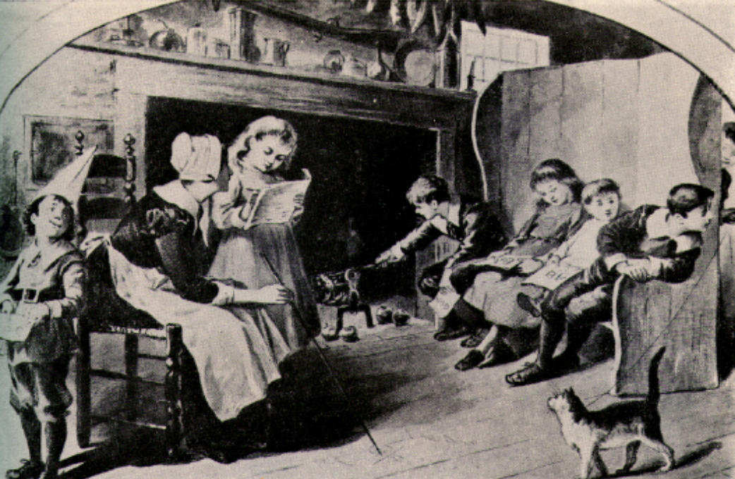 Historical picture of what a Dame school would have looked like. The picture shows a woman teaching children in the livingroom of her home.