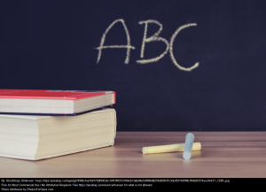 Pictures of books on a desk with chalk. There is a chalkboard behind the desk with A, B, C written on it to show what a primary classroom might look like.