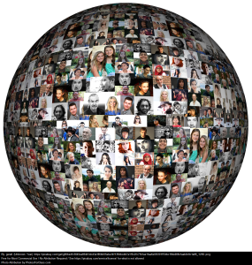 Visual of a globe with pictures of faces superimposed onto it to represent diversity across the world.