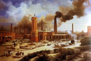 Visual of a factory with smoke stacks to depict industrialization period.