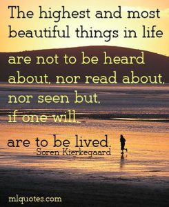 Quote by Soren Kierkegaard: "The highest and most beautiful things in life are not to be heard about, nor read about, nor seen but, if one will, are to be lived."