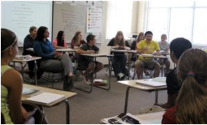 Visual of middle school students sitting at their desks in a Socratic Seminar formation.