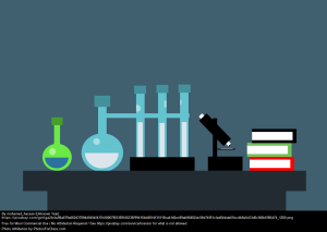 Picture of science beakers, a microscope and books to show what an upper elementary classroom might look like.