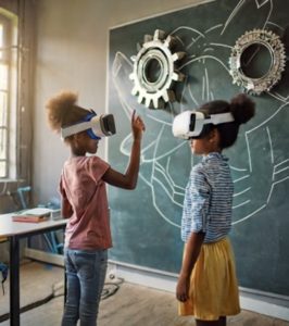 Figure 3-1: Firefly Kids using VR Glasses to Project Gears on the Walls in STEM Class