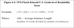 Figure 4-4 1976 Flesch-Kincaid U.S. /Grade-level /Readability Score In 1976, under contract with the U.S. Navy, John P. Kincaid modified Flesch's Reading Ease Formula, producing the Flesch-Kincaid U.S. Grade-level Readability Score. Assisting the Navy in producing more readable documents to be used by enlisted sailors.