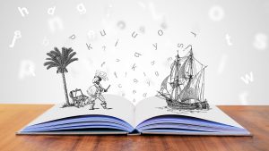 Open book with pirate and ship - storytelling