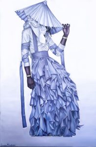 Young Thug's Jeffrey cover. A thin Black man stands in the majority of the frame. He is slouching slightly. He's dressed in a frilly purple couture gown with suspenders. There are long pieces of fabric wrapped around the arms that hang down toward the ground. He's tipping a lavender hat that looks a bit like a fan. It covers his entire head and face.