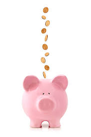 decorative. Image shows coins falling in a line into a pink piggy bank.