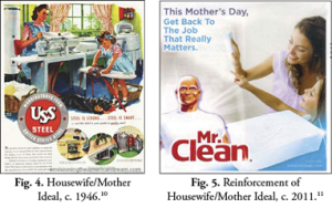 Two images representing traditional housework roles. On the left is a 1946 ad for USS Steel in which a young mother does laundry and her young daughter plays at ironing On the right is a more modern Mr. Clean ad, but again shows a woman doing the housework (on Mother's Day).