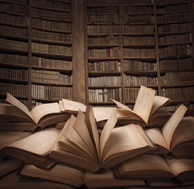 A pile of books in a library