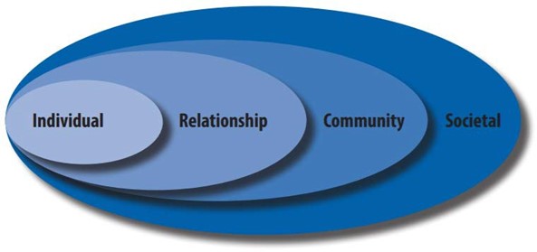 The image shows four concentric blue oblongs, all of which nest within each other. The smallest one on the left says "Individual," the next reads "Relationship," the next "Community" and then finally "Societal."