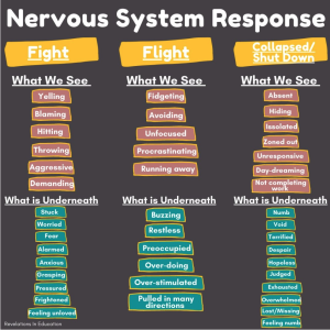 Nervous System Response, Fight, Flight, Shut Down Chart