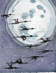 mwatowa, 2020, watercolor, birds flying in front of the moon.