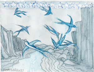 mwatowa, 2020, watercolor, blue birds flying.